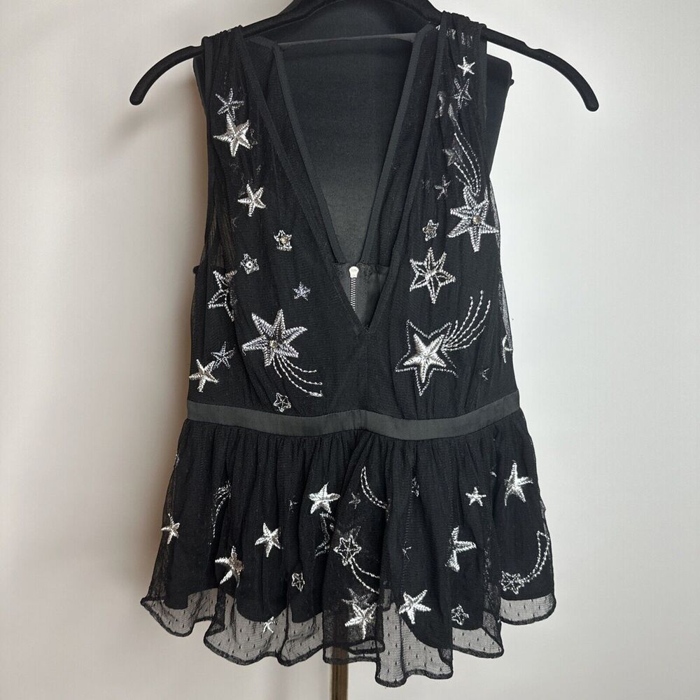 Vintage Express Embroidered Star Black Peplum VNeck Sheer Tank Rhinestones Sz 4 - Picture 13 of 13